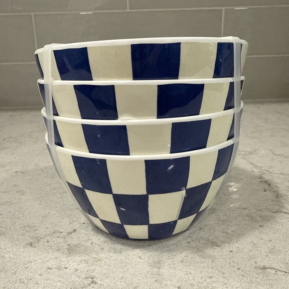 Set 4 DARK BLUE NAVY Checkered Melamine 2.5”x4.5” BOWLS Shiny Appetizer Bowl